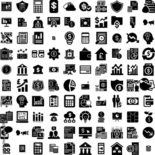 Collection Of 100 Financial Icons Set Isolated Solid Silhouette Icons Including Growth, Financial, Business, Analysis, Graph, Investment, Finance Infographic Elements Vector Illustration Logo