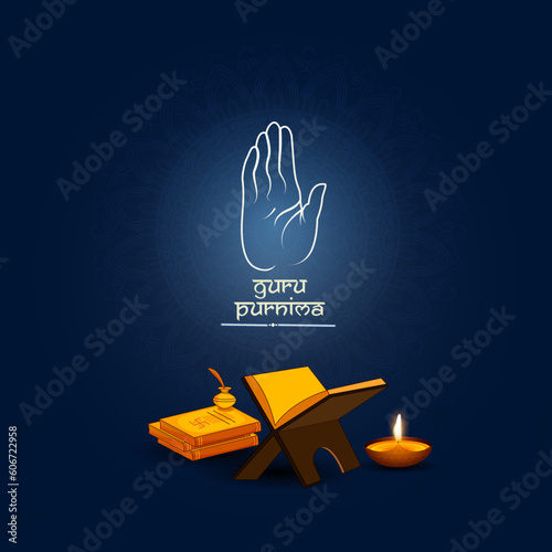 Happy Guru Purnima vector line art Illustration of guru hand giving blessing to all. Greeting card design.
