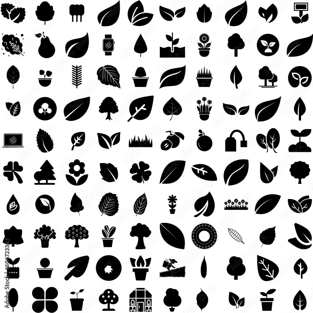 Collection Of 100 Leaves Icons Set Isolated Solid Silhouette Icons Including Plant, Isolated, Nature, Foliage, Green, Tree, Leaf Infographic Elements Vector Illustration Logo