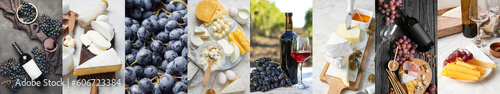 Collage of delicious grape wine with tasty cheese