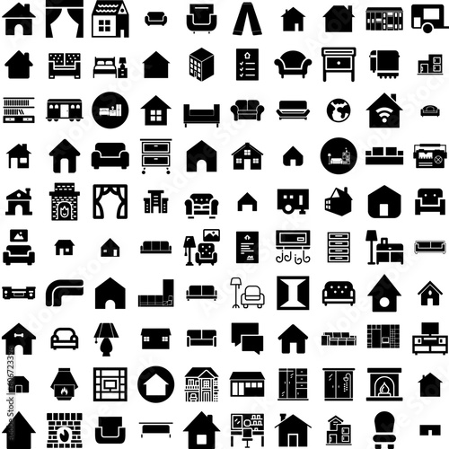 Collection Of 100 Living Icons Set Isolated Solid Silhouette Icons Including Room, Modern, Design, Apartment, House, Furniture, Template Infographic Elements Vector Illustration Logo