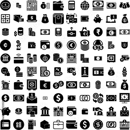 Collection Of 100 Money Icons Set Isolated Solid Silhouette Icons Including Money, Dollar, Currency, Business, Payment, Finance, Cash Infographic Elements Vector Illustration Logo