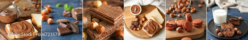 Collage of delicious chocolate desserts with hazelnuts on table
