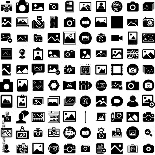 Collection Of 100 Picture Icons Set Isolated Solid Silhouette Icons Including Frame, Photo, Background, Empty, Blank, Picture, Art Infographic Elements Vector Illustration Logo