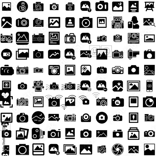 Collection Of 100 Photograph Icons Set Isolated Solid Silhouette Icons Including Photograph, Background, Camera, Design, Photo, Photography, Picture Infographic Elements Vector Illustration Logo