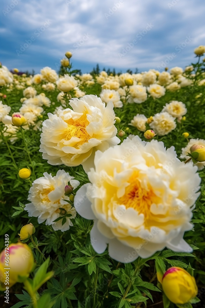 field of blooming peonies close up field of blooming peonies close up