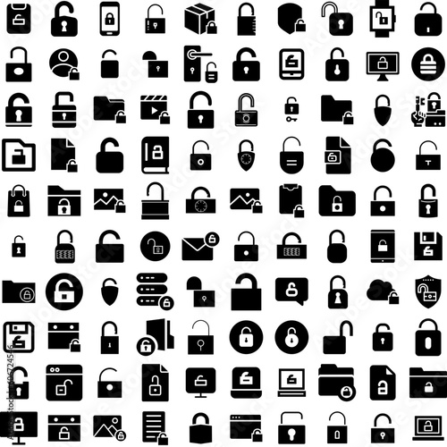 Collection Of 100 Unlocked Icons Set Isolated Solid Silhouette Icons Including Safe, Password, Lock, Vector, Unlock, Open, Icon Infographic Elements Vector Illustration Logo