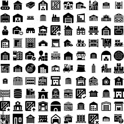 Collection Of 100 Warehouse Icons Set Isolated Solid Silhouette Icons Including Industrial, Goods, Industry, Warehouse, Storage, Distribution, Box Infographic Elements Vector Illustration Logo
