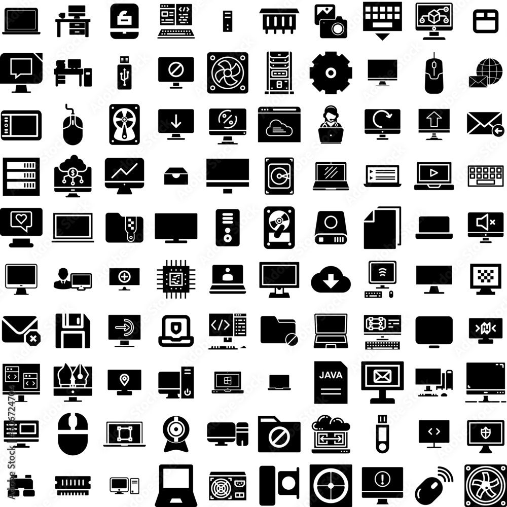 Collection Of 100 Computer Icons Set Isolated Solid Silhouette Icons Including Display, Laptop, Screen, Business, Modern, Computer, Technology Infographic Elements Vector Illustration Logo