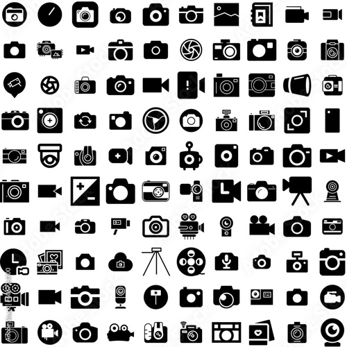Collection Of 100 Camera Icons Set Isolated Solid Silhouette Icons Including Camera, Illustration, Digital, Lens, Photo, Photography, Equipment Infographic Elements Vector Illustration Logo
