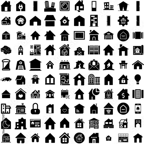 Collection Of 100 House Icons Set Isolated Solid Silhouette Icons Including Residential, Estate, Home, Property, Architecture, House, Building Infographic Elements Vector Illustration Logo