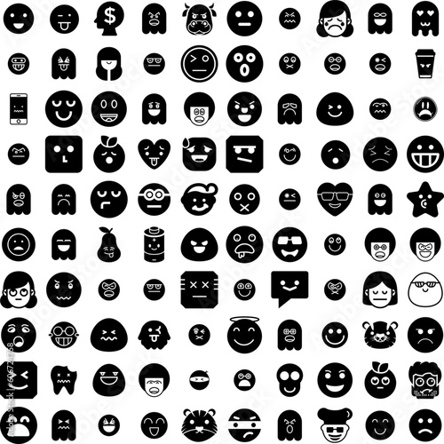 Collection Of 100 Emoji Icons Set Isolated Solid Silhouette Icons Including Emoticon, Sign, Isolated, Vector, Face, Icon, Symbol Infographic Elements Vector Illustration Logo