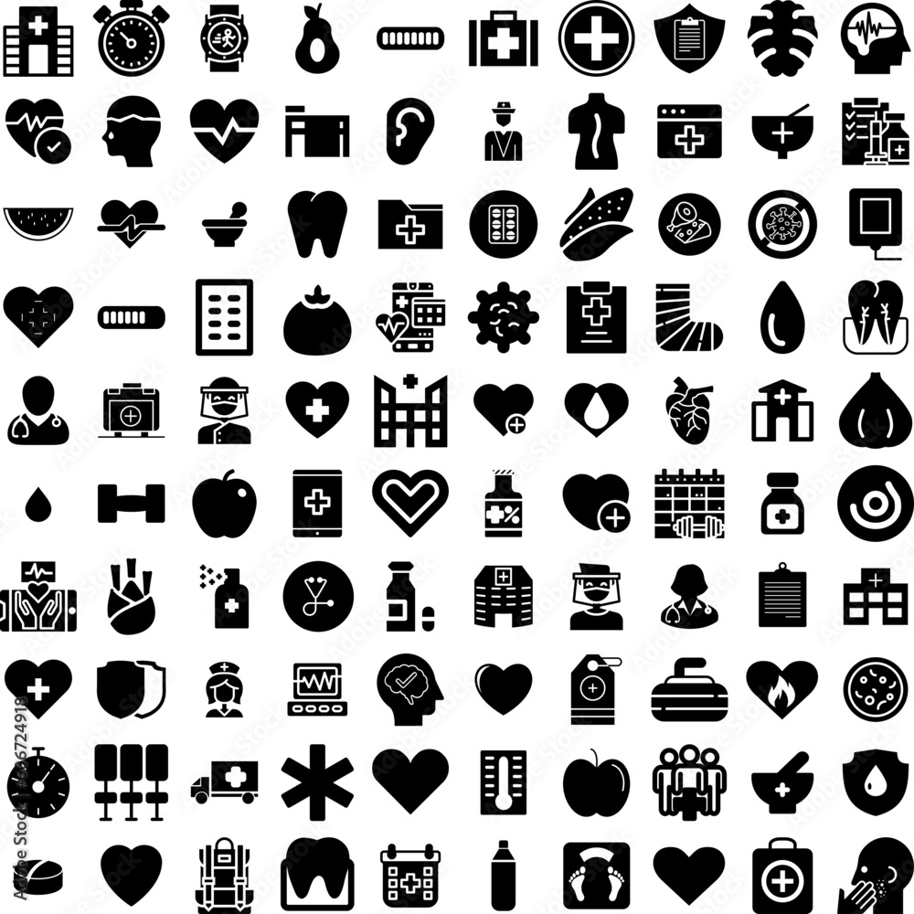 Collection Of 100 Health Icons Set Isolated Solid Silhouette Icons Including Health, Mental, Medicine, Concept, People, Medical, Care Infographic Elements Vector Illustration Logo