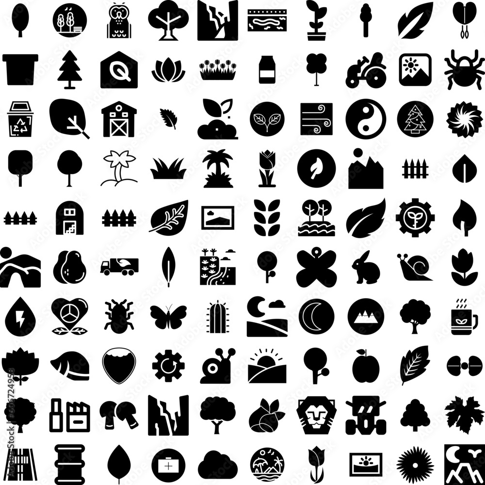 Collection Of 100 Nature Icons Set Isolated Solid Silhouette Icons Including Green, Tree, Beautiful, Natural, Summer, Nature, Background Infographic Elements Vector Illustration Logo