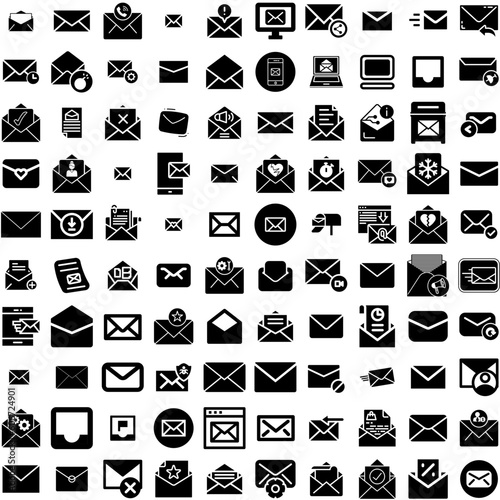 Collection Of 100 Email Icons Set Isolated Solid Silhouette Icons Including Web, Communication, Mail, Vector, Internet, Email, Message Infographic Elements Vector Illustration Logo