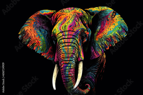Elephant. Elephant head with multicolored ornament. Generative AI illustration.