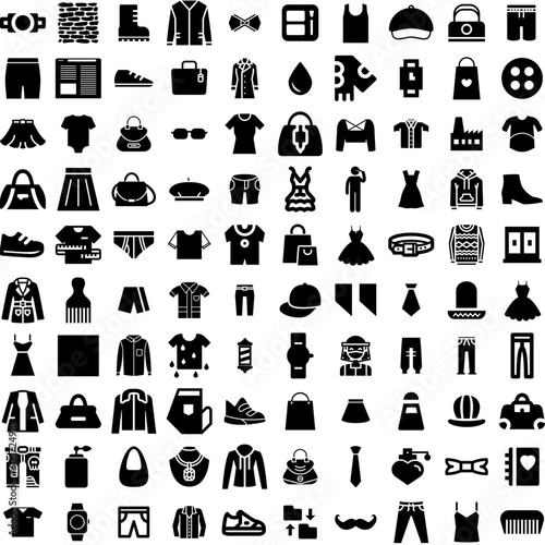 Collection Of 100 Fashion Icons Set Isolated Solid Silhouette Icons Including Style, Beautiful, Trendy, Fashion, Fashionable, Model, Woman Infographic Elements Vector Illustration Logo