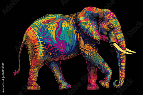 Neon image of an adult African elephant with an ornament. Generative AI illustration. © Anastasia