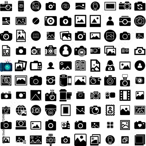 Collection Of 100 Photo Icons Set Isolated Solid Silhouette Icons Including Retro, Photo, Frame, Paper, Design, Picture, Blank Infographic Elements Vector Illustration Logo