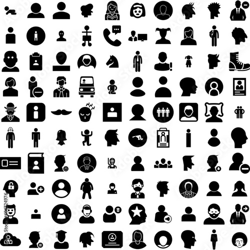 Collection Of 100 Person Icons Set Isolated Solid Silhouette Icons Including People, Female, Team, Group, Work, Person, Business Infographic Elements Vector Illustration Logo