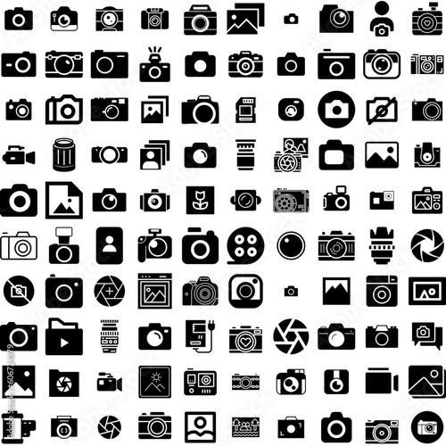 Collection Of 100 Photography Icons Set Isolated Solid Silhouette Icons Including Photography, Technology, Photo, Equipment, Lens, Photographer, Camera Infographic Elements Vector Illustration Logo