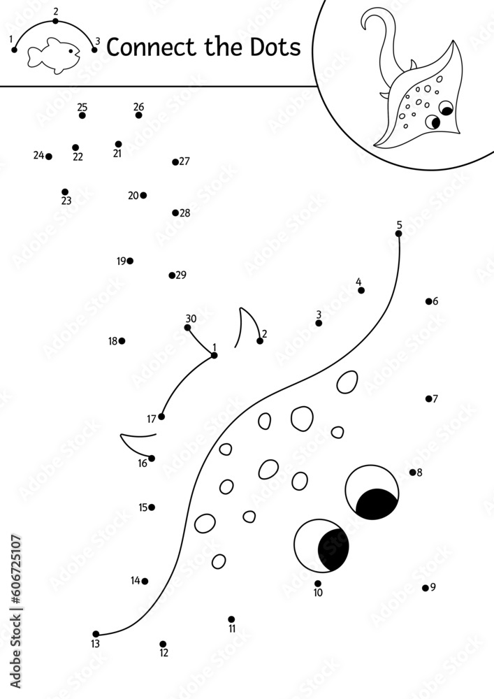 Vector dot-to-dot and color activity with cute ray fish. Under the sea ...