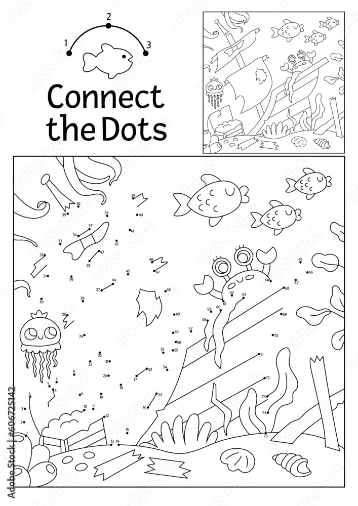 Vector dot-to-dot and color activity with wrecked ship hidden in landscape. Under the sea connect the dots game for children. Ocean life coloring page for kids ruined pirate boat, crab, fish.