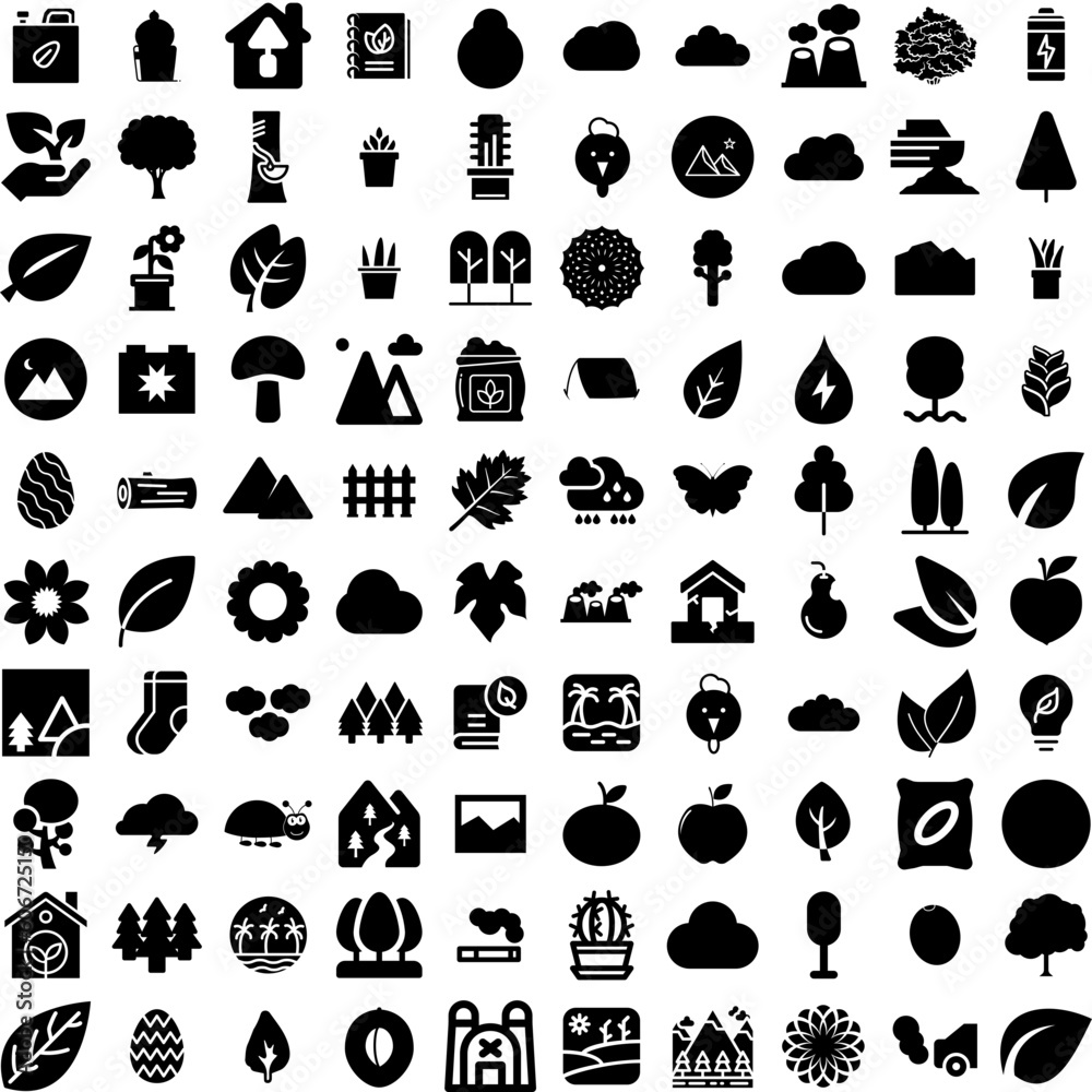 Collection Of 100 Nature Icons Set Isolated Solid Silhouette Icons Including Background, Green, Summer, Beautiful, Natural, Nature, Tree Infographic Elements Vector Illustration Logo