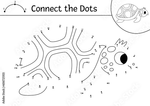 Vector dot-to-dot and color activity with cute tortoise. Under the sea connect the dots game for children with funny water animal. Ocean life coloring page for kids. Printable worksheet .