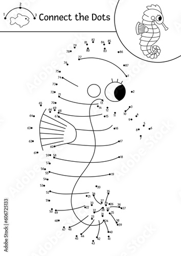 Vector dot-to-dot and color activity with cute seahorse. Under the sea connect the dots game for children with funny water animal. Ocean life coloring page for kids. Printable worksheet.