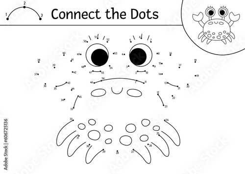 Vector dot-to-dot and color activity with cute crab. Under the sea connect the dots game for children with funny water animal. Ocean life coloring page for kids. Printable worksheet.