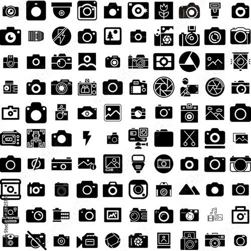 Collection Of 100 Photography Icons Set Isolated Solid Silhouette Icons Including Photographer, Photography, Equipment, Technology, Lens, Camera, Photo Infographic Elements Vector Illustration Logo