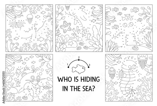 Vector dot-to-dot and color activities set with cute water animals hidden in landscape. Under the sea connect the dots games collection for kids. Ocean life coloring page with octopus, dolphin.