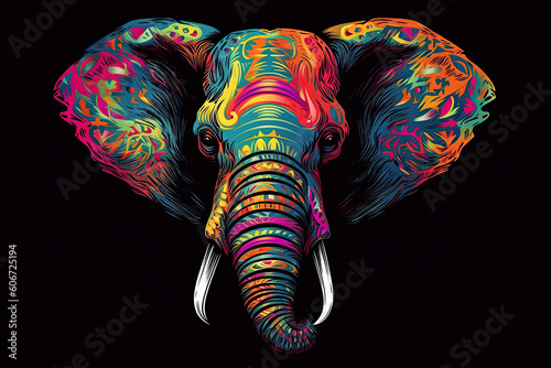 Elephant. Elephant head with multicolored ornament. Generative AI illustration.