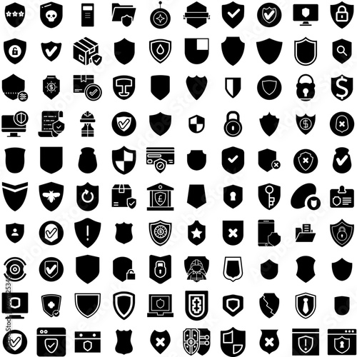 Collection Of 100 Shield Icons Set Isolated Solid Silhouette Icons Including Security, Protect, Shield, Protection, Design, Symbol, Icon Infographic Elements Vector Illustration Logo