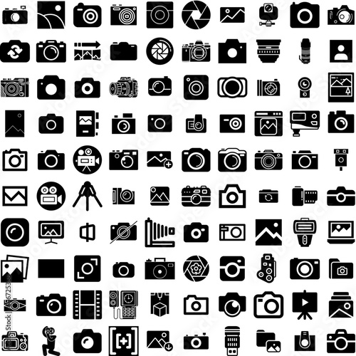 Collection Of 100 Photography Icons Set Isolated Solid Silhouette Icons Including Camera, Lens, Photography, Equipment, Technology, Photographer, Photo Infographic Elements Vector Illustration Logo