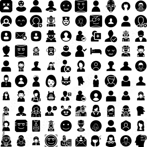 Collection Of 100 Avatar Icons Set Isolated Solid Silhouette Icons Including Man, Male, Face, Avatar, Person, Human, People Infographic Elements Vector Illustration Logo