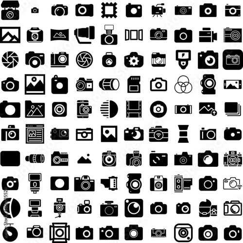 Collection Of 100 Photography Icons Set Isolated Solid Silhouette Icons Including Photographer, Technology, Equipment, Photo, Photography, Camera, Lens Infographic Elements Vector Illustration Logo