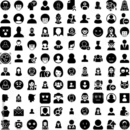 Collection Of 100 Avatar Icons Set Isolated Solid Silhouette Icons Including Avatar, Face, Male, People, Man, Person, Human Infographic Elements Vector Illustration Logo