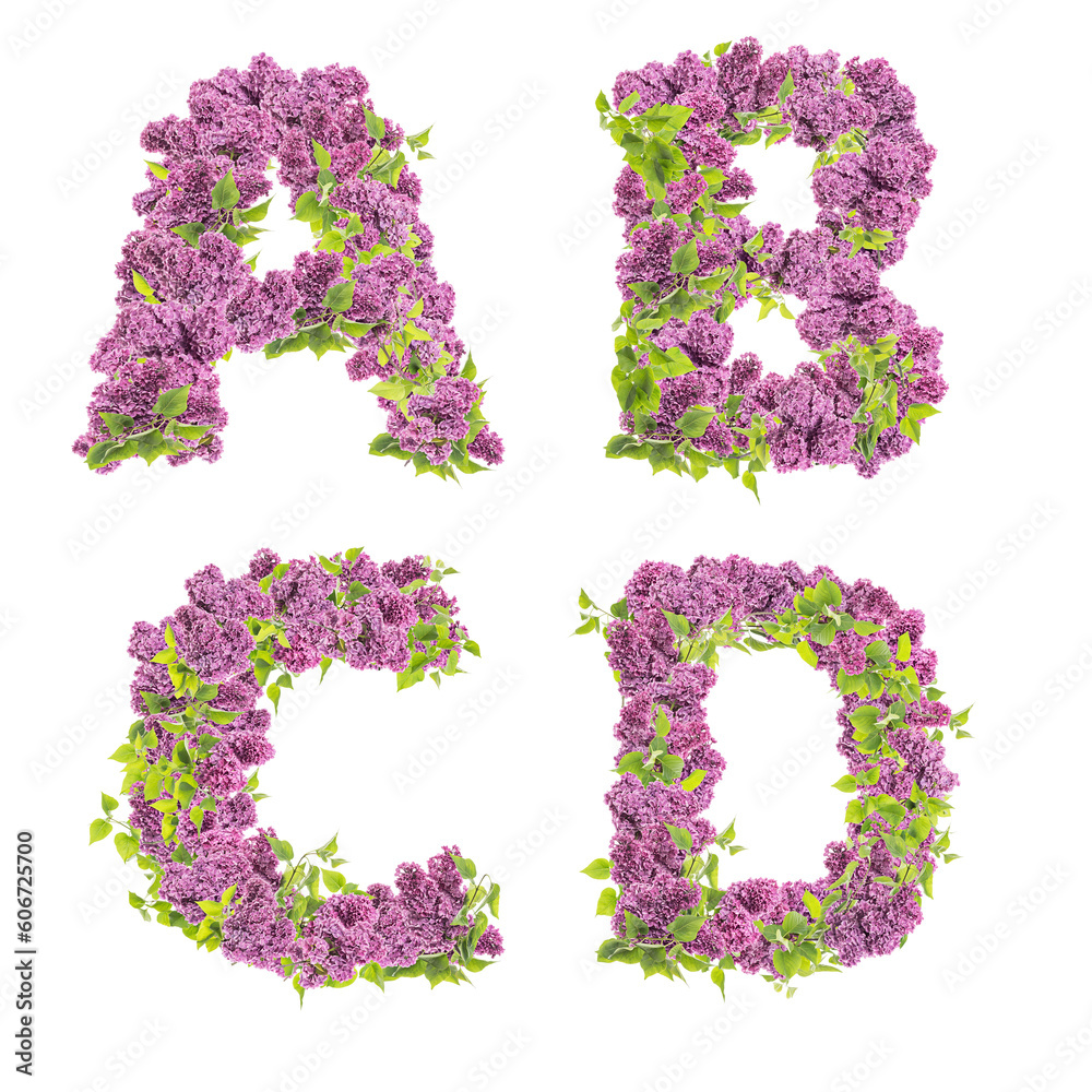 3D illustration of Lilac flowers alphabet - letters A-D 3D illustration of Lilac flowers alphabet - letters A-D