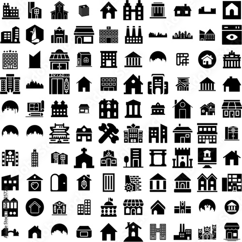 Collection Of 100 Building Icons Set Isolated Solid Silhouette Icons Including Architecture, Building, Urban, Office, Business, City, Construction Infographic Elements Vector Illustration Logo