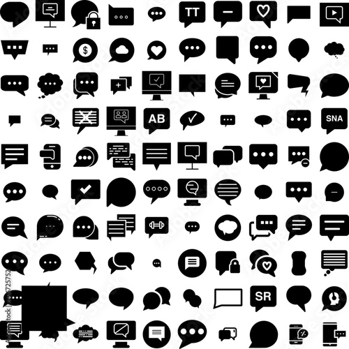 Collection Of 100 Bubble Icons Set Isolated Solid Silhouette Icons Including Dialog, Bubble, Illustration, Set, Speech, Vector, Message Infographic Elements Vector Illustration Logo