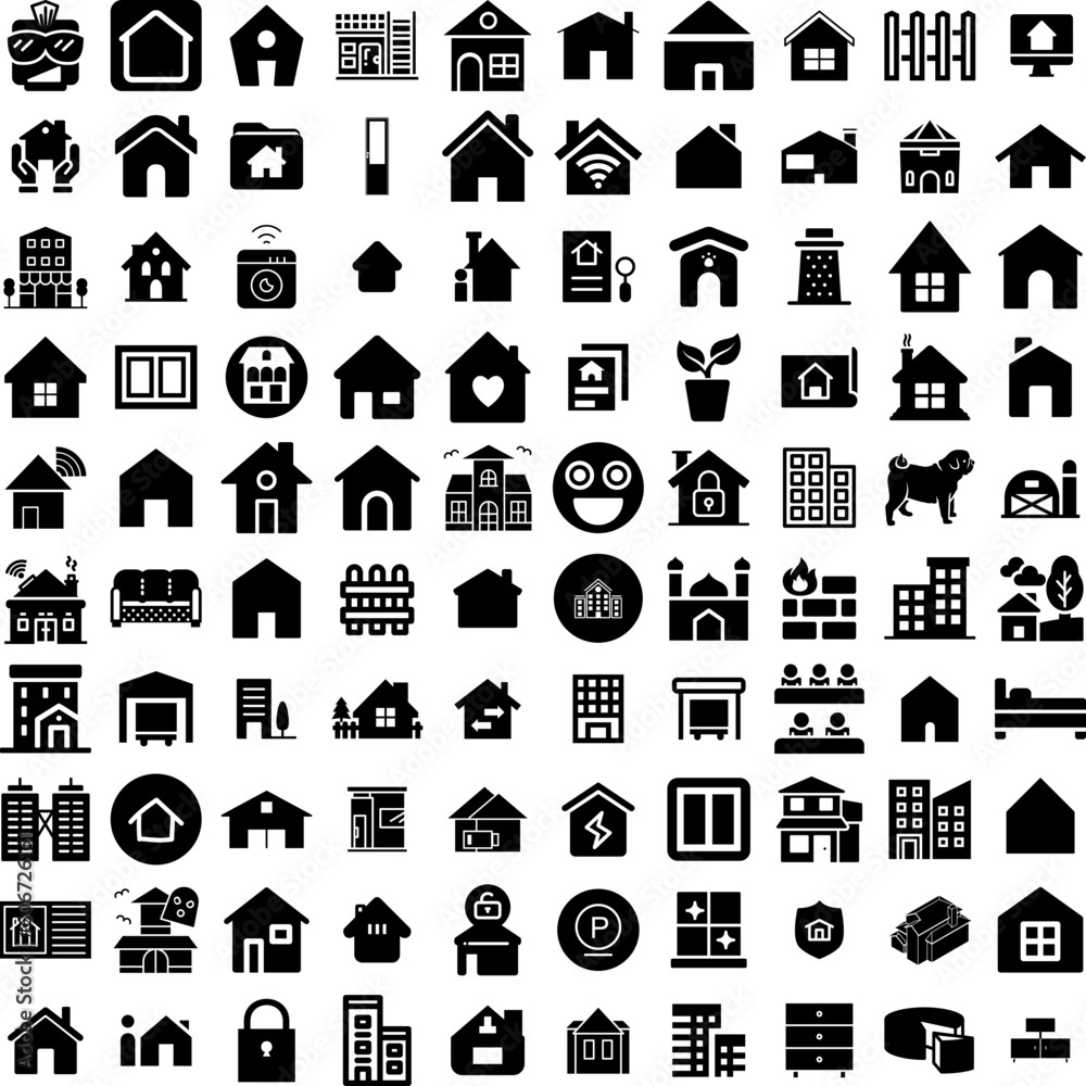 Collection Of 100 House Icons Set Isolated Solid Silhouette Icons Including House, Property, Building, Estate, Home, Residential, Architecture Infographic Elements Vector Illustration Logo