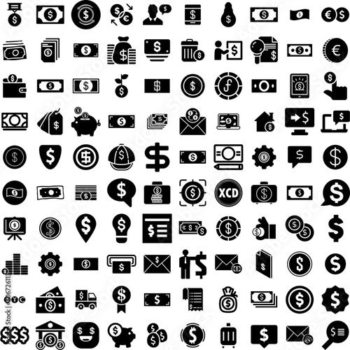 Collection Of 100 Dollar Icons Set Isolated Solid Silhouette Icons Including Currency, Dollar, Business, Bank, Banking, Money, Finance Infographic Elements Vector Illustration Logo