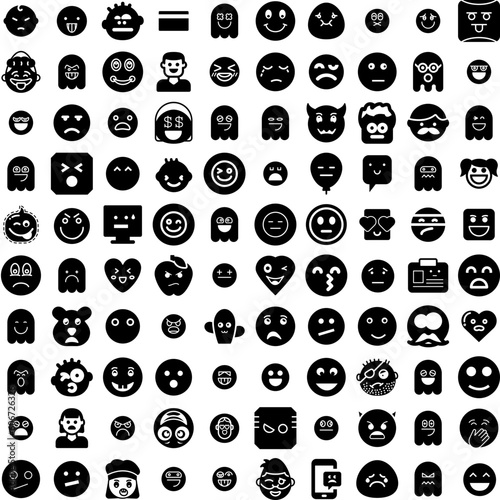 Collection Of 100 Emoji Icons Set Isolated Solid Silhouette Icons Including Sign, Vector, Symbol, Face, Icon, Isolated, Emoticon Infographic Elements Vector Illustration Logo