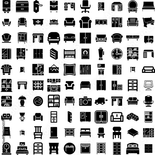 Collection Of 100 Furniture Icons Set Isolated Solid Silhouette Icons Including Room, Interior, Furniture, Design, Home, Living, Table Infographic Elements Vector Illustration Logo