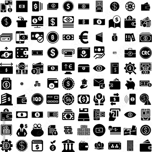 Collection Of 100 Money Icons Set Isolated Solid Silhouette Icons Including Money, Business, Currency, Cash, Finance, Payment, Dollar Infographic Elements Vector Illustration Logo