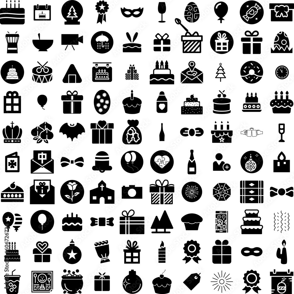 Collection Of 100 Celebration Icons Set Isolated Solid Silhouette Icons Including Design, Illustration, Party, Background, Event, Celebrate, Celebration Infographic Elements Vector Illustration Logo