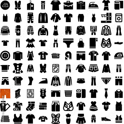Collection Of 100 Clothes Icons Set Isolated Solid Silhouette Icons Including Background, Fabric, Clothes, Cloth, Style, Fashion, Clothing Infographic Elements Vector Illustration Logo