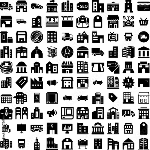 Collection Of 100 Commercial Icons Set Isolated Solid Silhouette Icons Including Office, Architecture, Business, Commercial, City, Building, Modern Infographic Elements Vector Illustration Logo